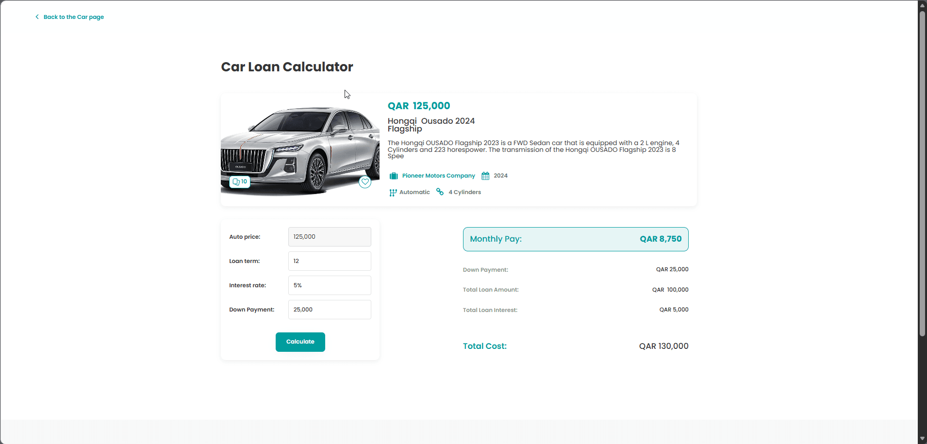 Carview car loan calculator interface