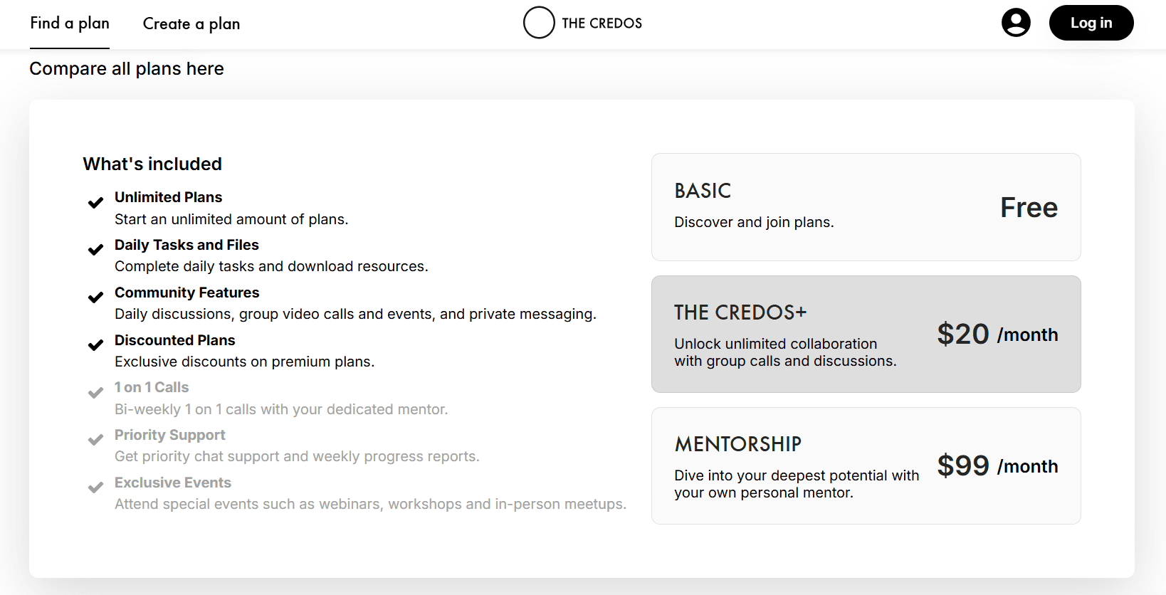 The Credos plan comparison interface