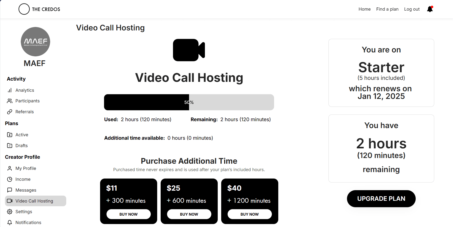 The Credos video call hosting dashboard