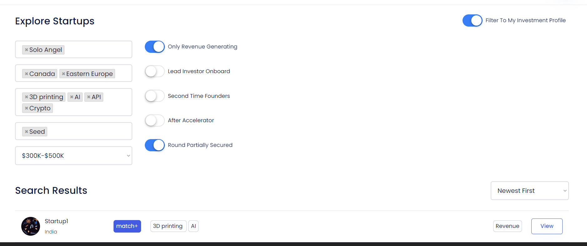 Deallly explore startups filters interface
