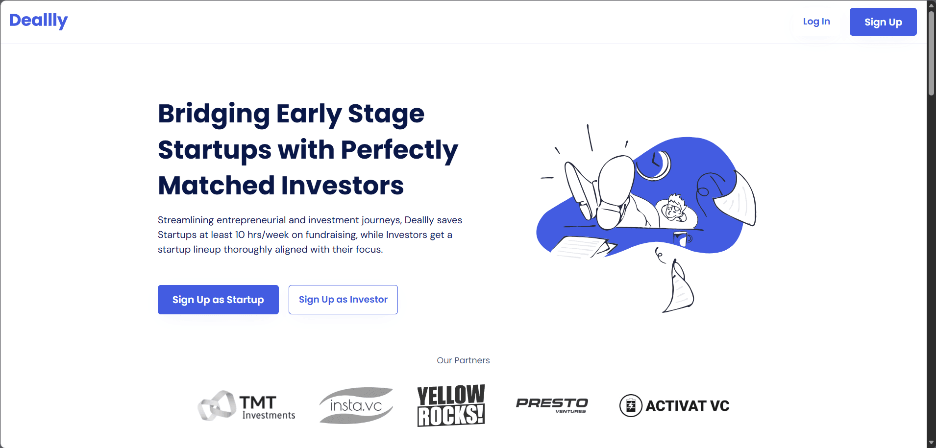 Deallly landing page connecting startups with matched investors