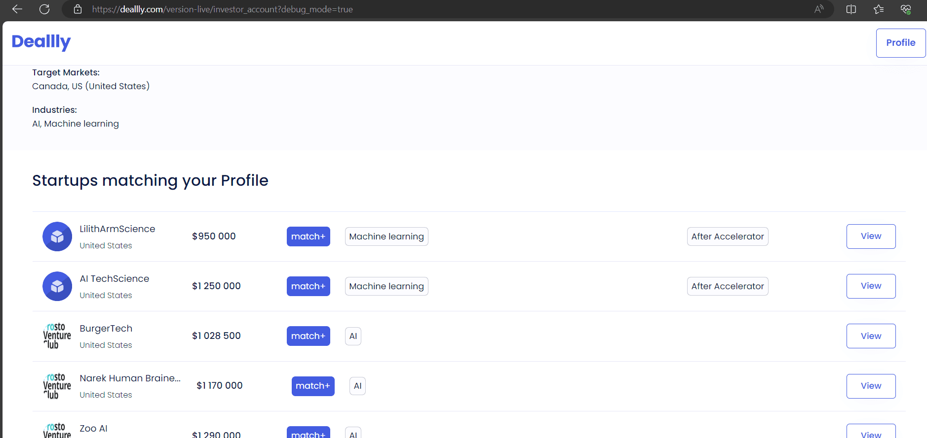 Deallly matched startups list interface
