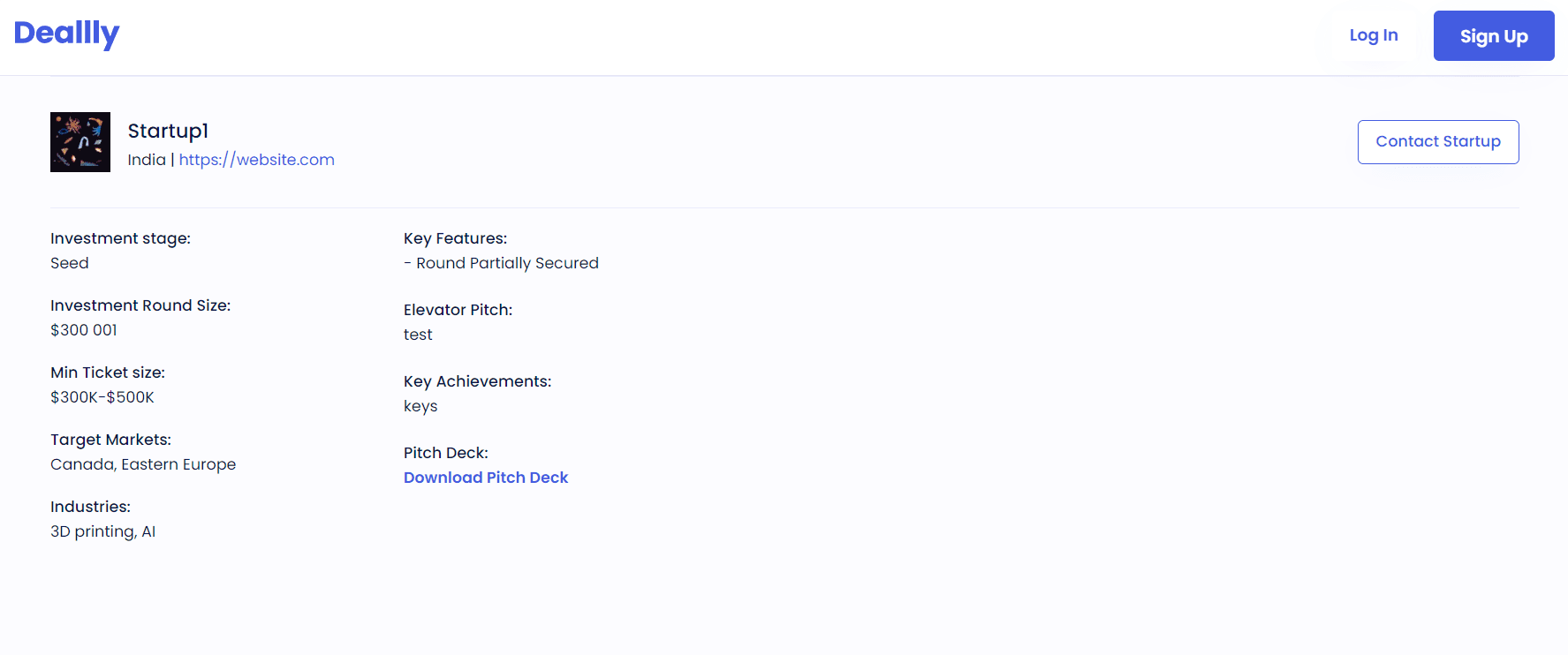 Deallly investor profile wireframe