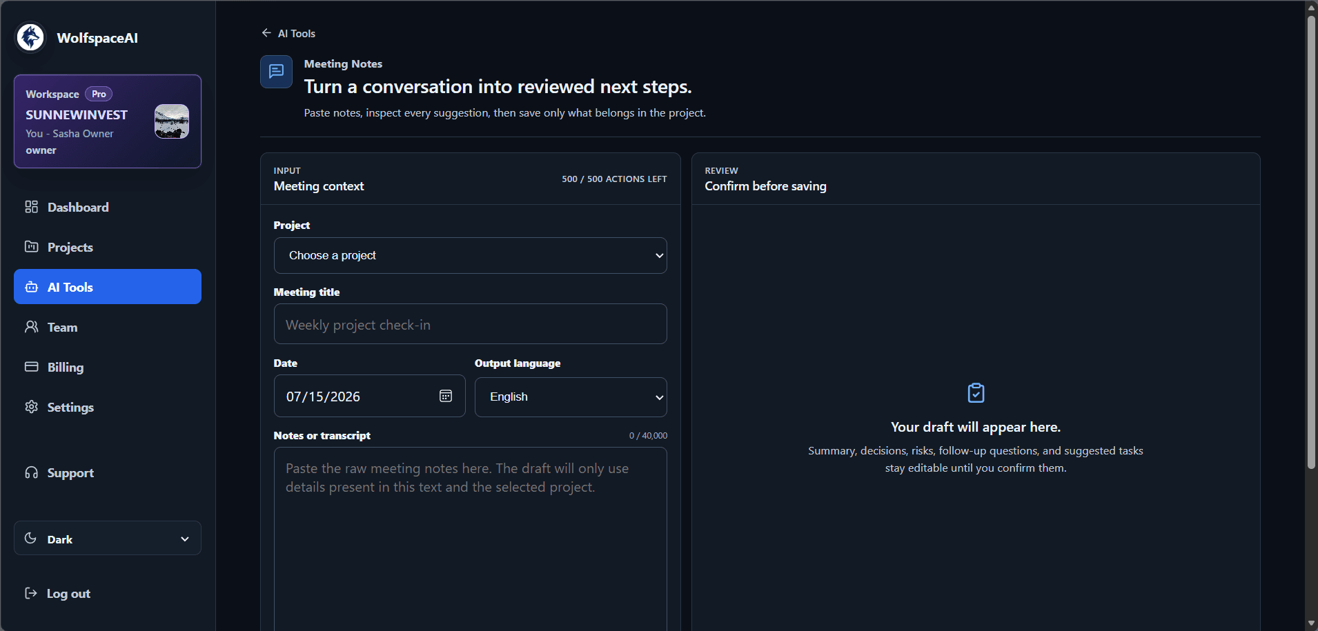 WolfspaceAI meeting notes AI review interface