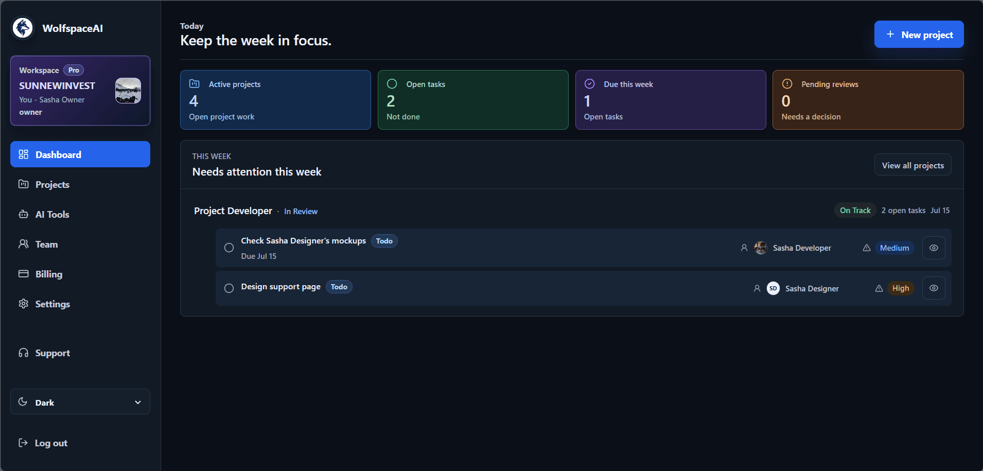 WolfspaceAI dashboard in dark mode showing project health and weekly tasks