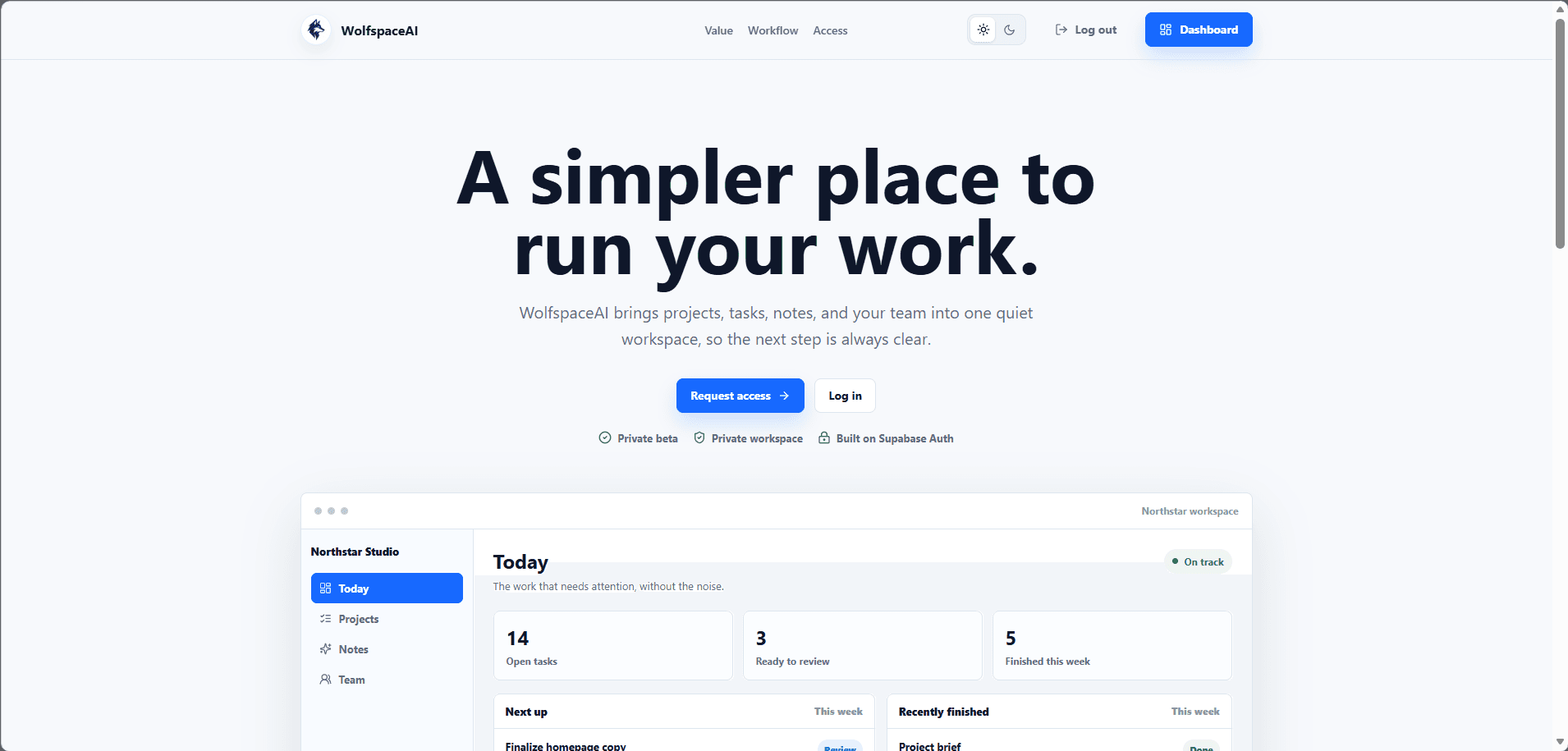 WolfspaceAI landing page introducing a focused place to manage work