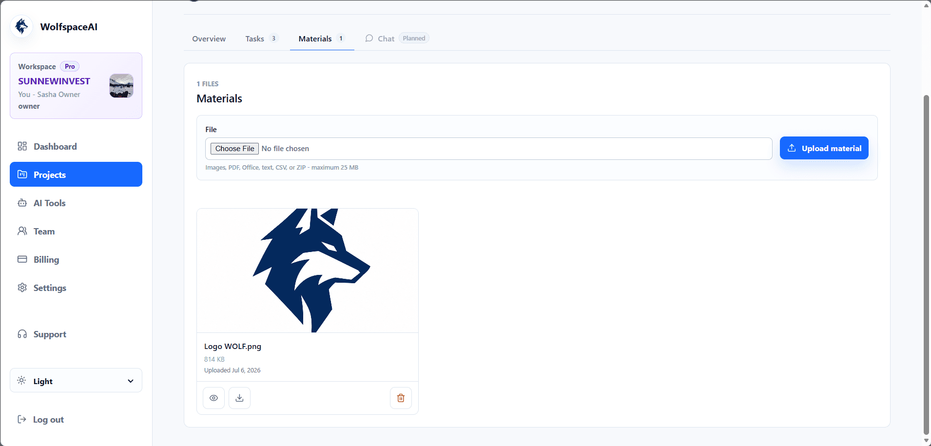 WolfspaceAI project materials interface