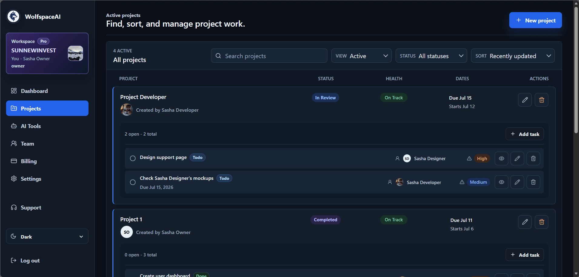 WolfspaceAI projects view with task details